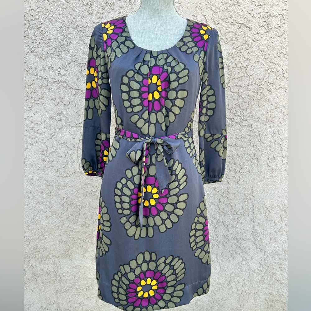 Boden Gray Silk Dress 3/4 Sleeve Belted Geometric Print - Size 4